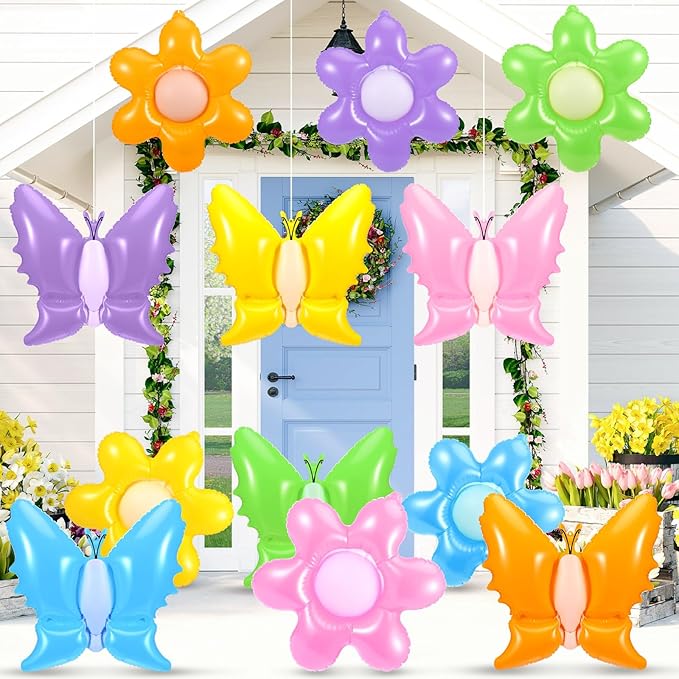 Realspring 12 Pcs 12 Inch Spring Inflatable Outdoor Decorations Butterfly Flowers Inflatable Hanging Ornament Large PVC Spring Butterfly Flowers Blow up Yard Party Indoor Outdoor Decor