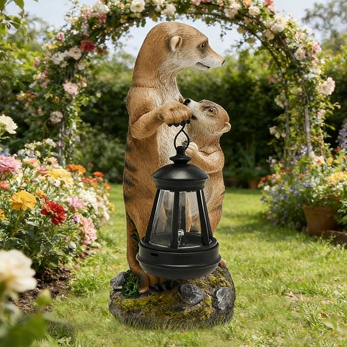 Meerkat Mother & Baby Solar Garden Statue Outdoor Decor Resin Figurine with Lantern Lights Waterproof Lawn Ornament Animal Sculpture for Patio Yard Porch Christmas