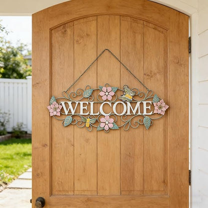 Queltharion 23.6'' L Vintage Metal Welcome Sign Hanging Decor Rustic Distressed Butterfly Bee Flora Welcome Wall Art Decoration for Outdoor Front Door Garden Farmhouse Porch Patio Yard Plaque Pink