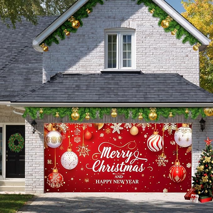 HOMETITUTE 13x6ft Christmas Garage Door Cover Merry Christmas and Happy New Year Backdrop Holiday Party Decorations Indoor Outdoor Wall Background Decor Festive Red Gold Ornament Scene Display