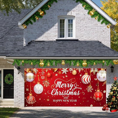 HOMETITUTE 13x6ft Christmas Garage Door Cover Merry Christmas and Happy New Year Backdrop Holiday Party Decorations Indoor Outdoor Wall Background Decor Festive Red Gold Ornament Scene Display