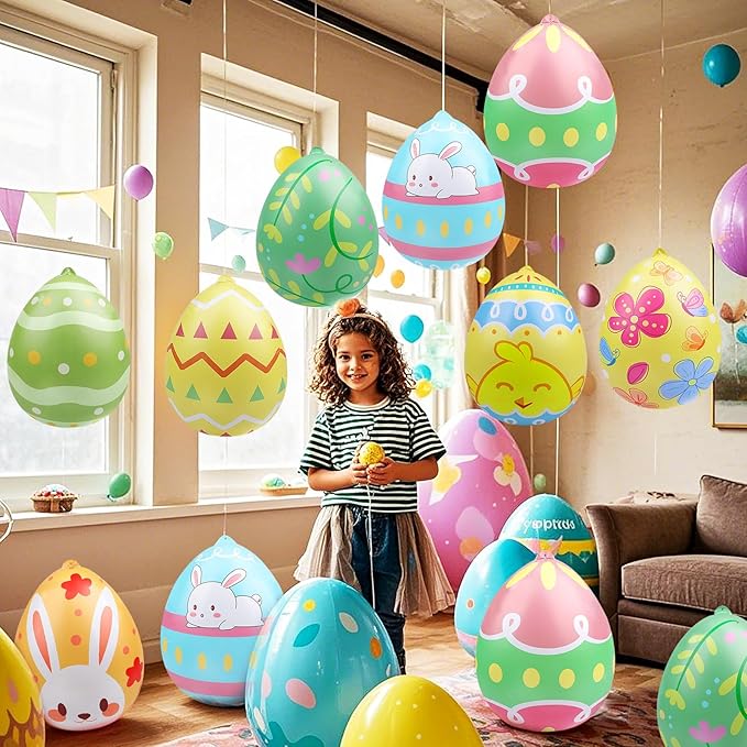 16 Packs 16 Inch Inflatable Easter Eggs Outdoor PVC Inflatable Hanging Eggs Blow Up Easter Egg for Egg Hunts Yard Garden Outdoor Decoration