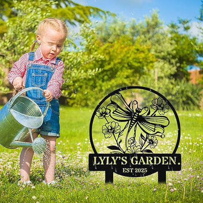 Personalized Metal Dragonfly Garden Signs with Stake, Custom Garden Signs for Outside Waterproof, Customized Name Sign Yard Lawn Gardens Decor Gardening Gifts for Moms Grandmas Gardeners