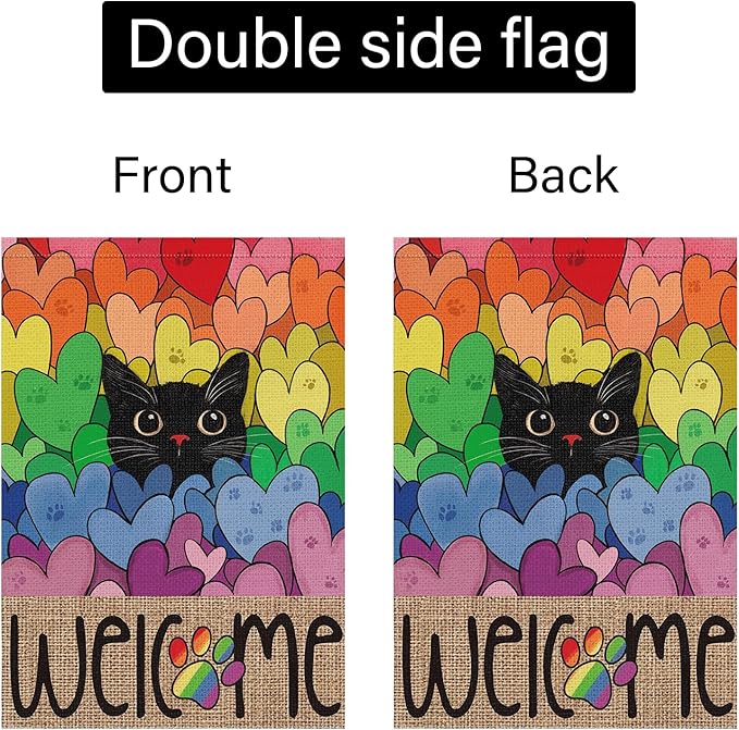 Louise Maelys Pride Month Garden Flag Rainbow Black Cat 28x40 Inch Double Sided Large Burlap Love Heart Gay Lesbian LGBTQ Yard Outdoor Sign Outside Home House Decor