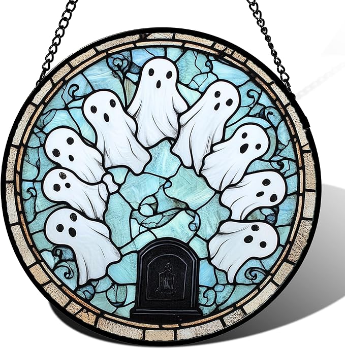 Stained Glass Window Hanging - Halloween Decorations Ghosts Tombstones Suncatcher for Doors Garden Indoor Spooky Funny Sun Catchers Gothic Decor Horror Gifts for Women Men Friend 6.3 in