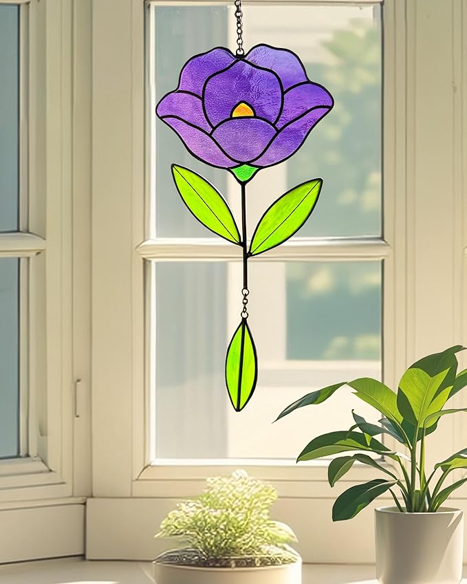 Flower Suncatchers, Stained Glass Window Hangings, Garden Suncatchers for Window and Wall Decor (Purple)