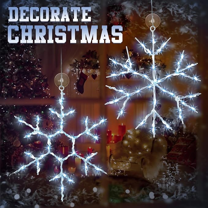 Tuanse 2 Pcs Christmas Silhouette Window Lights Christmas Snowflake Lights with Remote Control LED Lighted Snowflake Decorations Xmas for Window Wall (White)