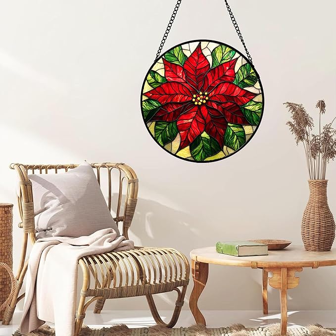 Stained Glass Window Hanging - Poinsettia Suncatcher for Door Garden Home Decor Birth Flower Sun Catcher Birthday Mother's Day for Lovers Friend Women Mom Nana 15 in