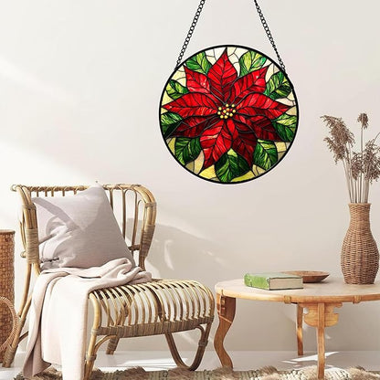 Stained Glass Window Hanging - Poinsettia Suncatcher for Door Garden Home Decor Birth Flower Sun Catcher Birthday Mother's Day for Lovers Friend Women Mom Nana 9.8 in