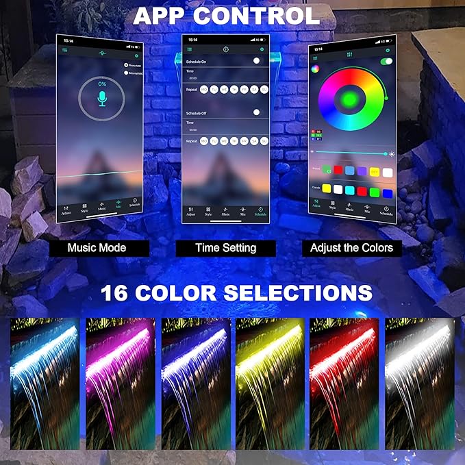 PONDO 36'' APP Pool Waterfall with 16 Colors LED Lights, Acrylic Pond Fountain Set for Outdoor Decorations, Patio Waterfall Spillway Kit on The Wall for Garden, Easy Installation