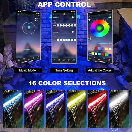 PONDO 12'' APP Pool Waterfall with 16 Colors LED Lights, Acrylic Pond Fountain Set for Outdoor Decorations, Patio Waterfall Spillway Kit on The Wall for Garden, Easy Installation
