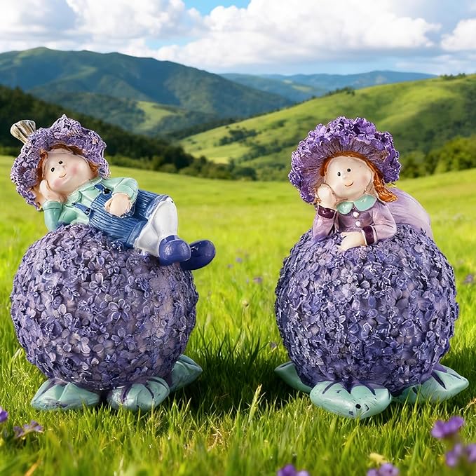 Charming Boy and Girl Garden Figurines Lavender Themed Decor Statues Spring Summer Resin Figures for Outdoor Patio Lawn Yard Art Decoration