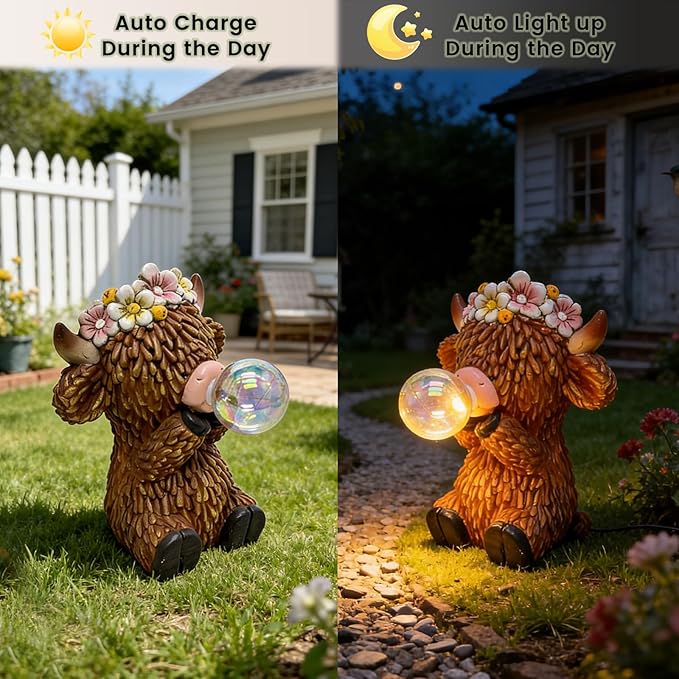 AVEKI Solar Highland Cow Garden Statue, Whimsical Bubble-Blowing Design with Solar Lights, Waterproof Resin Outdoor Decor for Patio, Yard, Lawn, Unique Gift for Mom, Grandma & Garden Lovers
