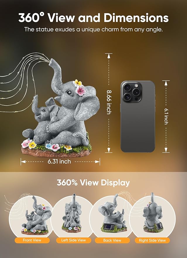 Brightown Solar-Elephant-Garden-Decor-Statue with Succulent & Watering LED Lights, Waterproof Outdoor Decor for Patio, Lawn, Balcony & Yard Decorations Outdoor, Unique Mothers Day Gifts for Mom Women