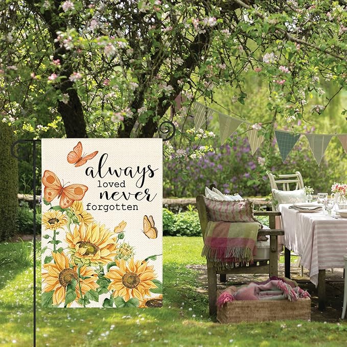 AVOIN colorlife Always Loved Never Forgotten Memorial Garden Flag 12x18 Inch Double Sided Outside, Sunflower Yard Outdoor Decoration