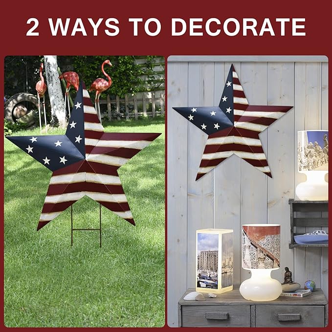 Morning View American Flag Garden Stake Patriotic Decor Metal Star US Flag Yard Sign Bar Star Outdoor Lawn Art Ornament 4th of July Memorial Day Veterans Day Independence Day 22 Inches Tall