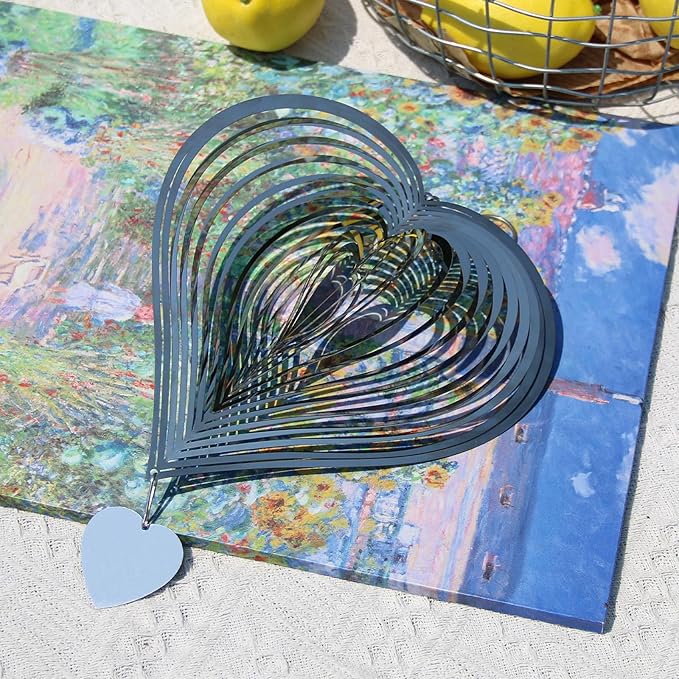 Phuryllic Wind Spinners Outdoor, Garden Decor, Bird Deterrents for Outside, 3D Metal Yard Decorations for Patio & Porch, Unique Gardening Gifts for Women & Moms - 8in Silver Heart