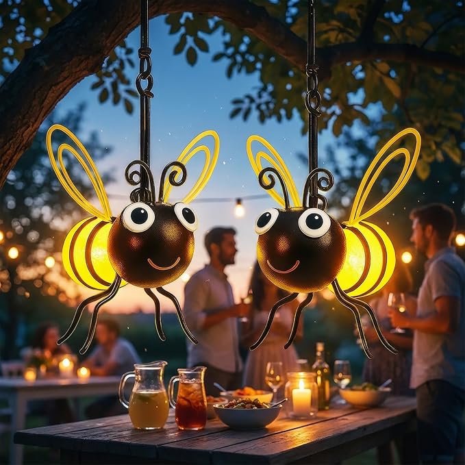 Solar Bee Lights Outdoor for Garden,– Hanging Metal Insect Lights with Hook, Waterproof Butterfly & Dragonfly Decorations for Garden, Yard, Patio, Holiday Gifts for Women & Kids (Golden-2PC)