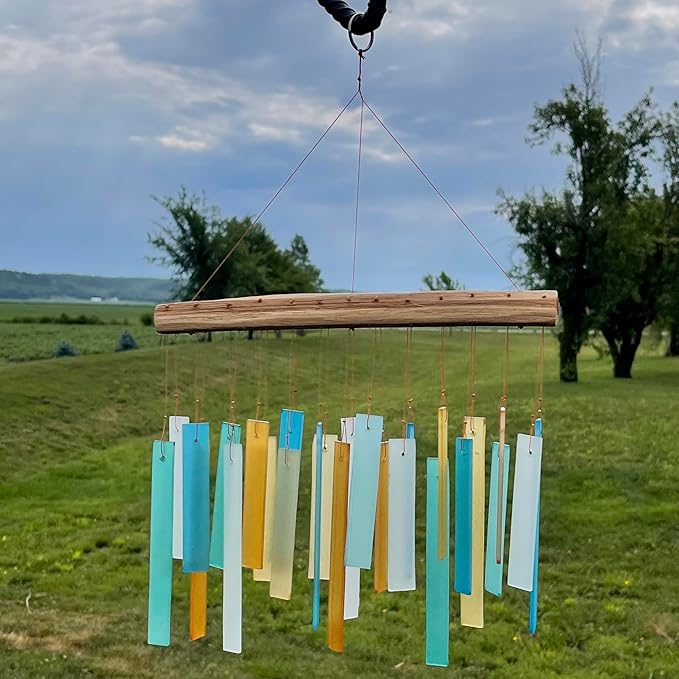 Blue Handworks Caribbean Beach Glass and Driftwood Chime - Sandblasted Glass and Found Wood Hand Crafted Wind Chime