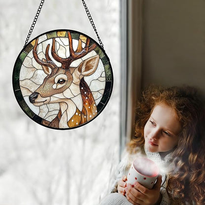 CHATYOUNG Stained Glass Window Hanging Elk 6.3" - Suncatcher Bedroom Door Garden Home Decor and Christmas Valentine for Grandma Nana Mom Women Wife Girlfriend Friend