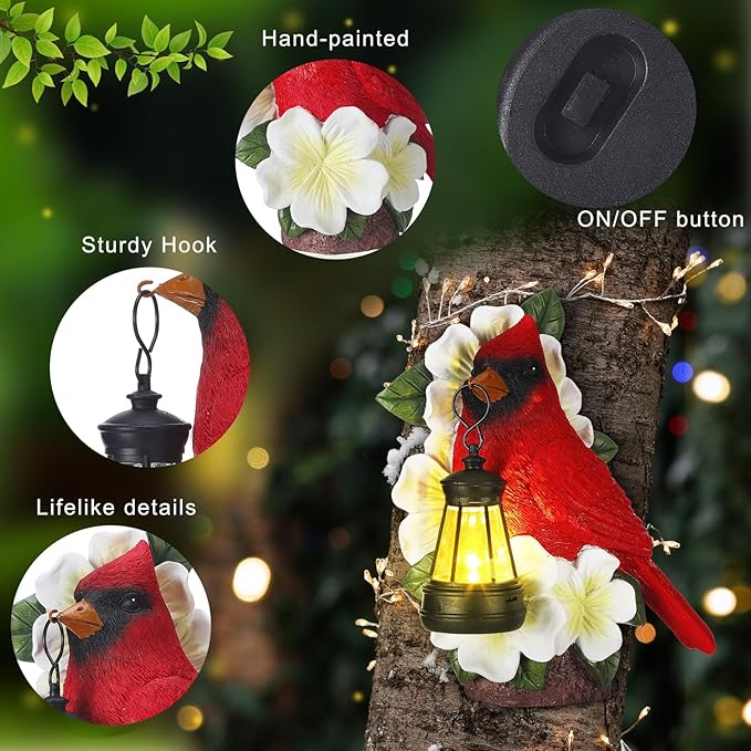 WILLBOND Cardinal Garden Decor with Solar Lantern 8.3 in Tree Cardinal Solar Light for Outside Resin Red Bird Outdoor Garden Statue for Wall Tree Yard Lawn Women Mom Grandmom Mother's Day Gifts