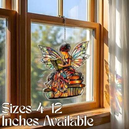 Bookshelf Acrylic Suncatcher Colorful Window Hanging Ornament for Book Lovers Sun Catcher Panel for Home Decor Car Garden Gift Book and Blossom Teacup Suncatcher