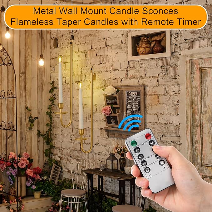 Tessco for you Metal Wall Mount Candle Sconces with 9.6" LED Flameless Taper Candles and Remote Timer 16.5" Wall Hanging Sconces Set for Living Room Fireplace Hallway Stairway(Gold,2 Set)