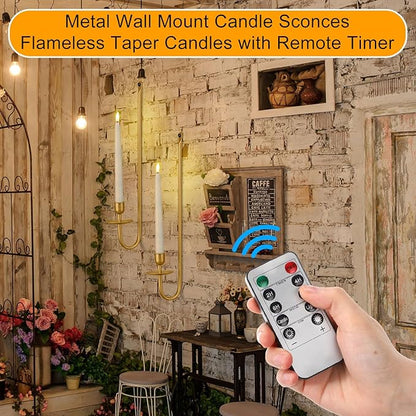 Tessco for you Metal Wall Mount Candle Sconces with 9.6" LED Flameless Taper Candles and Remote Timer 16.5" Wall Hanging Sconces Set for Living Room Fireplace Hallway Stairway(Gold,2 Set)