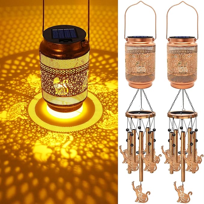 2 Pack Cat Solar Wind Chimes for Outside, Gifts for Mothers Day Mom Women Grandma Birthday Memorial Teacher, 32" Windchimes Outdoor Decor Hanging Solar Lantern for Garden Porch Patio Backyard