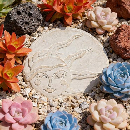Sun Face Garden Stepping Stone- Round 12-Inch Decorative Concrete Stone, Pure Color for Outdoor Pathways Celestial Sun Face Cynkeyee