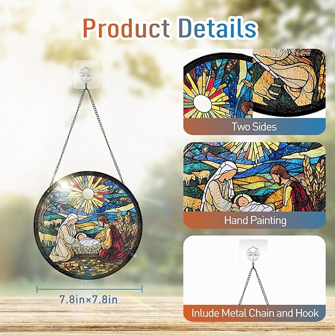 7.8 Inch Stained Glass Window Hanging Nativity Scene Sun Catcher Indoor Window Door Wall Yard Home Decor Colorful Glass Panel Suncatcher Religious Christian Gift for Women Men Mom Grandma