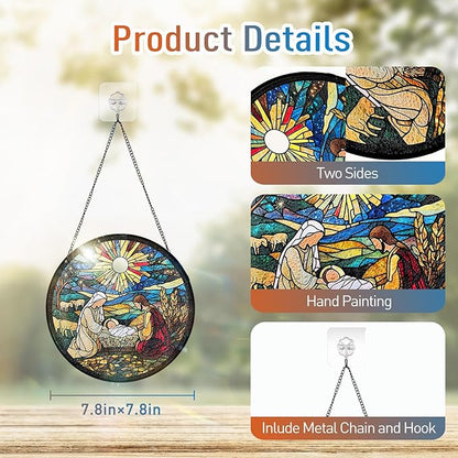 7.8 Inch Stained Glass Window Hanging Nativity Scene Sun Catcher Indoor Window Door Wall Yard Home Decor Colorful Glass Panel Suncatcher Religious Christian Gift for Women Men Mom Grandma