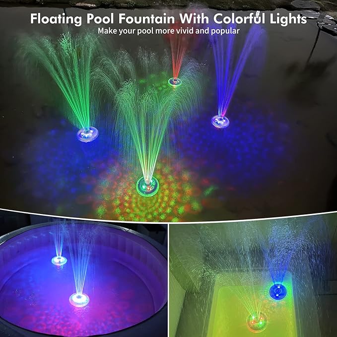 Floating Pool Fountain with Underwater Light Show, Floating Pond Fountain, 2 Spray Modes Waterfall Fountain, Waterproof Sprinkler Fountains for Inground Above Ground Pools
