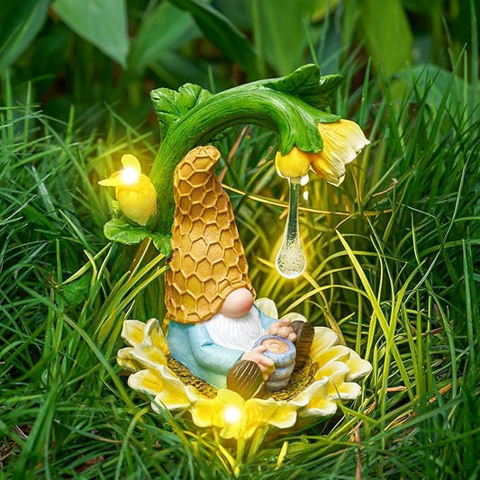 RM ROOMERS Gnome Fall Decor Garden Solar Gnomes Decoration for Yard Autumn Decor Resin Sunflower Gnome Statue with LED Lights for Patio Honey Drip Home Gifts for Women Housewarming