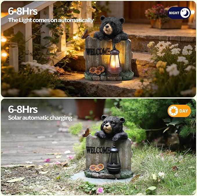 Solar Bear Garden Statue with Hanging Lantern Light, Resin Outdoor Welcome Sign Decor, Waterproof Solar Powered Garden Decoration for Yard, Lawn, Patio, 10.6"