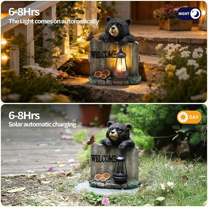 Solar Bear Garden Statue with Hanging Lantern Light, Resin Outdoor Welcome Sign Decor, Waterproof Solar Powered Garden Decoration for Yard, Lawn, Patio, 10.6"