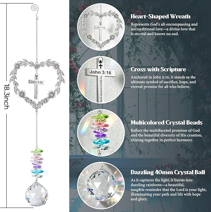 Christian Gifts for Women, Heart Shaped Suncatcher with Cross, John 3:16 Crystal Hanging Ornament, Inspirational Religious Birthday Catholic Spiritual & Baptism Confirmation Gifts for Girls