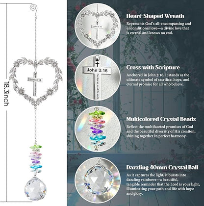 Christian Gifts for Women, Heart Shaped Suncatcher with Cross, John 3:16 Crystal Hanging Ornament, Inspirational Religious Birthday Catholic Spiritual & Baptism Confirmation Gifts for Girls