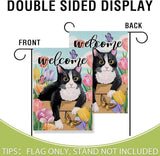 Artofy Welcome Spring Summer Tuxedo Cat Small Decorative Garden Flag, Tulip Flower Butterfly Yard Lawn Outside Decor Pet Lover Gift, Seasonal Floral Burlap Outdoor Home Decoration Double Sided 12 x 18