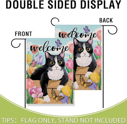 Artofy Welcome Spring Summer Tuxedo Cat Small Decorative Garden Flag, Tulip Flower Butterfly Yard Lawn Outside Decor Pet Lover Gift, Seasonal Floral Burlap Outdoor Home Decoration Double Sided 12 x 18