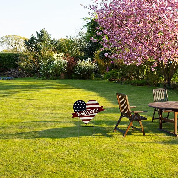 USA Flag Heart Welcome Lawn Sign – 22.5" x 16" Metal Garden Decorative Stake, Patriotic Yard Decor, American Flag Outdoor Decor for 4th of July, Red Blue & White Metal Sign, Memorial Day, Veterans Day, Rustic Americana Lawn Decoration