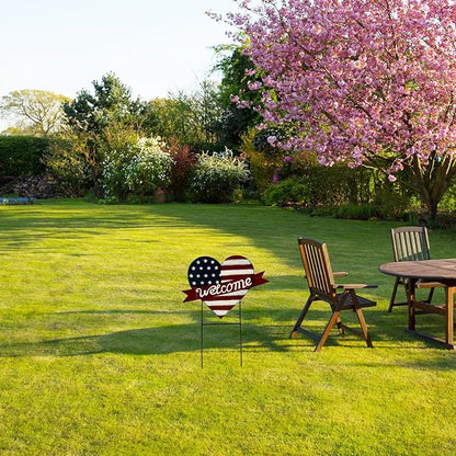 USA Flag Heart Welcome Lawn Sign – 22.5" x 16" Metal Garden Decorative Stake, Patriotic Yard Decor, American Flag Outdoor Decor for 4th of July, Red Blue & White Metal Sign, Memorial Day, Veterans Day, Rustic Americana Lawn Decoration