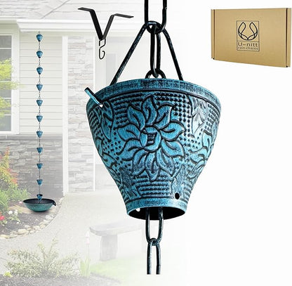 U-nitt Rain Chain Water Collection for Gutters Rainwater Catcher & Diverter, 8.5 FT Chains for Outside Garden, Sunflower Cups, Roof Downspout, Works with Heavy Rain, w/ Gutter Clip for Rainchains