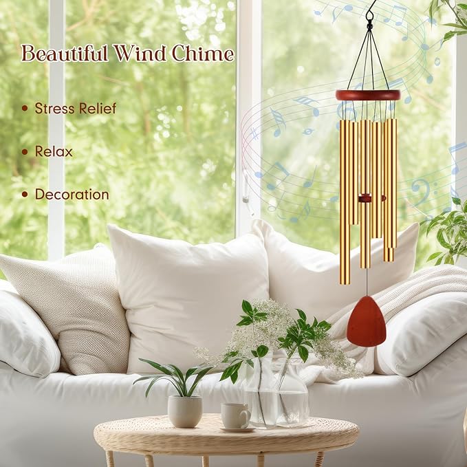 Leinuosen Wind Chimes for Outside Wind Chimes Outdoors Deep Tones 28" with 6 Aluminum Tubes Memorial Sympathy Windchime for Valentine Tree Decor Garden Courtyard Mom Loved One Gifts(Classic,Gold)