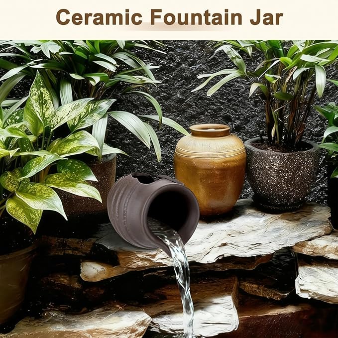M METERXITY Ceramic Garden Fountain Spitter, Clay Pot Ecological Tank for Pond/Backyard Water Feature/Cave Waterfall/Landscaping, DIY Water Flow Jar Hydroponic Vase [5.5in, Vintage Brown]