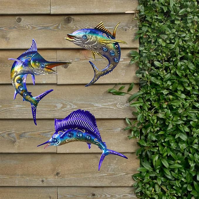 Metal Fish Wall Art Decor, 3-Piece Marlin Tuna Swordfish Set, Blue and Gold Tropical Ocean Theme Outdoor Wall Mother's Day Decor for Patio Garden Yard, Decorative Hanging Sculptures Mother's Day Decoration Gift