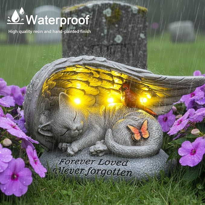 Cat Memorial Stones with Solar Angel Wing Cardinal Butterfly 8 Inch, Sleeping Cat Grave Markers Outdoor Waterproof Pet Loss Sympathy Gift for Garden or Tombstone Statue