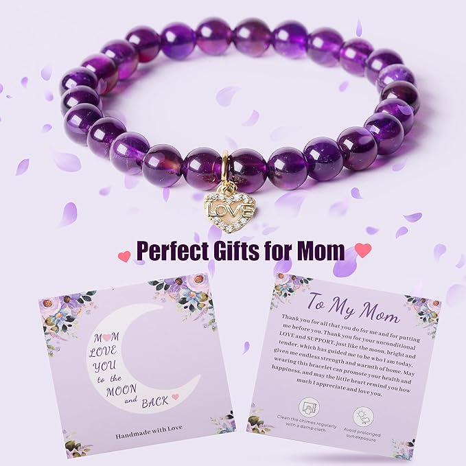 Amethyst Wind Chimes with Bracelet, 26” Amethyst Crystal Suncatcher, Heartfelt Wind Chime for Mom, Mother Birthday Gifts, Mom Gifts
