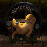 VP Home Chillaxing Welcome Puppy Dog Solar Powered LED Garden Light Welcome Chillax Puppy Statue Outdoor Funny Figurine Decor for Patio, Yard, Lawn