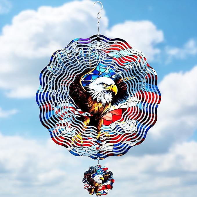 American Eagle Wind Spinner - 3D Stainless Steel Wind Spinners Outdoor Kinetic Art Spinning Decor 12 Inch 250 Anniversary Hanging Ornaments for Patio Lawn Garden Yard Indoor Balcony Home